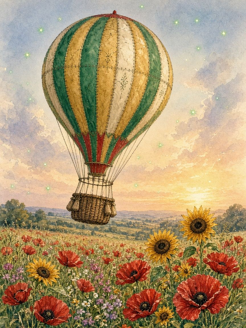 Watercolor of a vintage striped balloon in emerald, gold, cream, and ruby, with a wicker basket drifting over poppies and sunflowers.