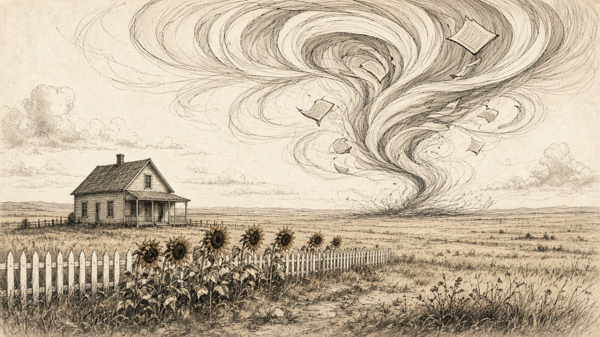 It begins in Kansas: a pen-and-ink sepia storybook drawing of a lone farmhouse on open plains, with a picket fence and sunflowers, and a great ribbon-like tornado spiraling with flying book pages.
