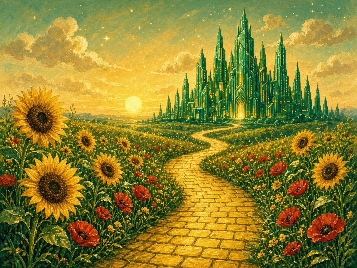 Gouache storybook painting of a yellow brick road through sunflowers and red poppies toward a glowing faceted emerald city.