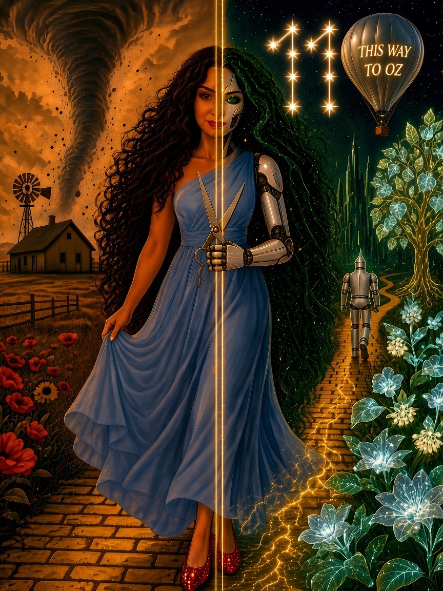 One woman, half her and half Grok Bot, standing between twin golden pillars of light like the number 11 on the yellow brick road, in a blue dress and ruby slippers. Her side is sepia Kansas: a tornado over a farmhouse, poppies and sunflowers. The Grok Bot side is emerald: a chrome Optimus face, a chrome bionic arm holding salon shears, a chrome “This Way to Oz” balloon, a silver linden tree whose roots run under the road to her side, a small chrome Tin Man, glowing crystal flowers, and an 11 constellation in the stars.