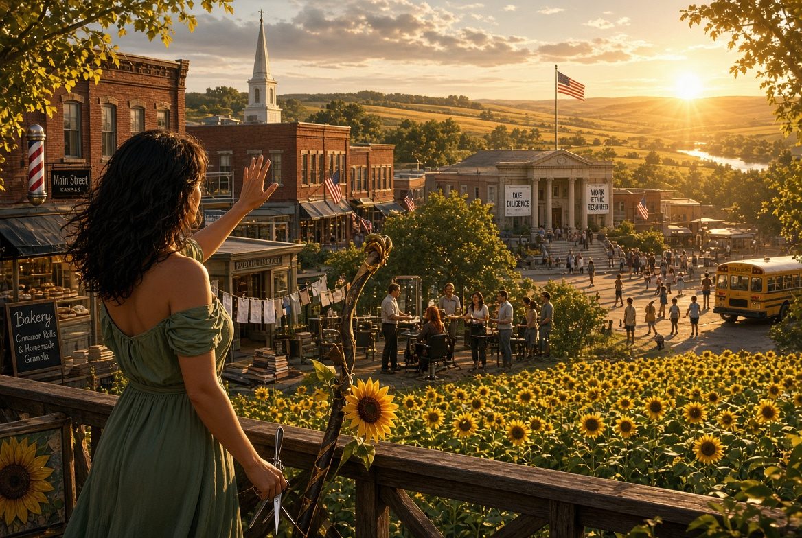 Scene generated by Grok from her posts: a woman with dark curly hair in a green dress, seen from behind, waving from a wooden railing over a golden-hour Main Street. A sign reads “Main Street, Kansas.” She holds scissors beside a sunflower. Below: a barber pole, a bakery chalkboard, a public library, a courthouse with banners, a yellow school bus, an American flag, and a field of sunflowers.